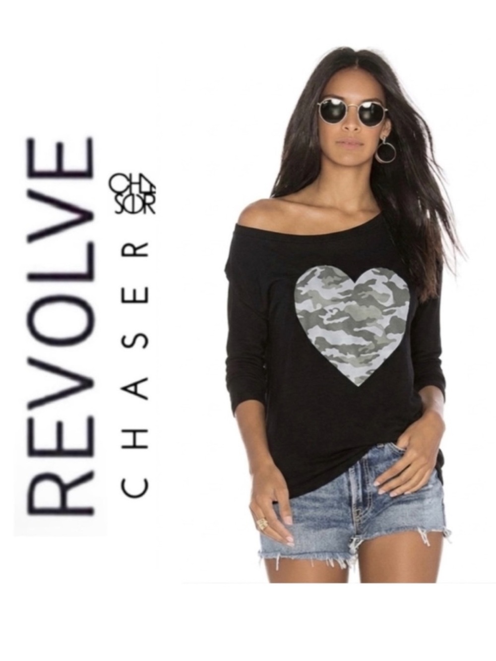 NWT Revolve x Chaser Camo Heart Graphic Long Sleeve Drop Shoulder Top